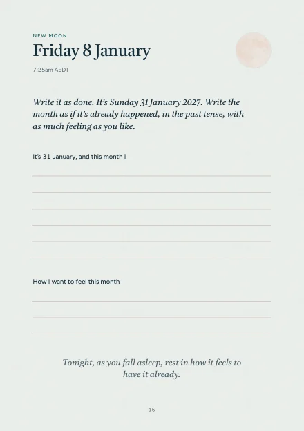 The new moon page for 8 January, for writing the month as if it's already happened